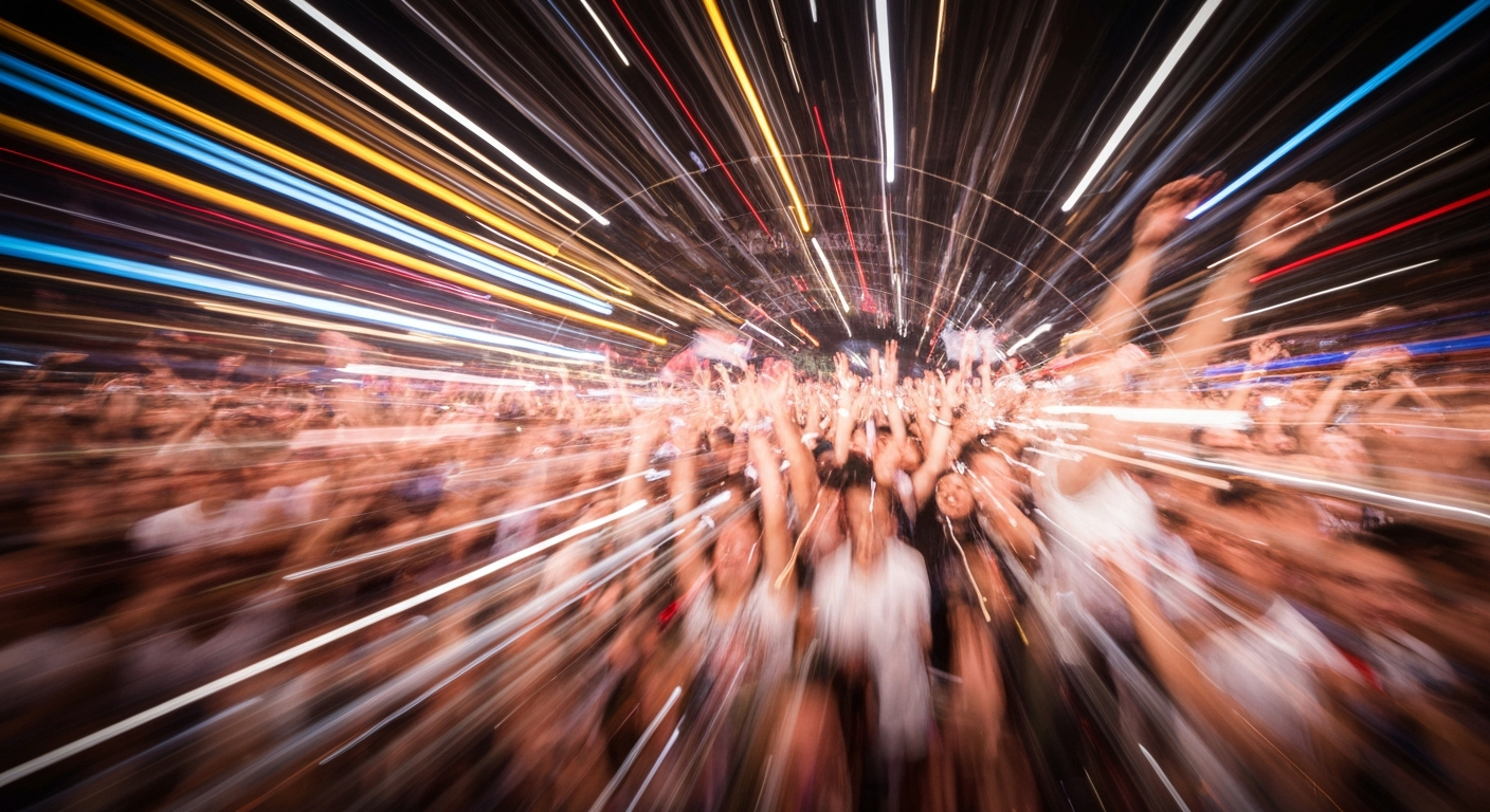 An abstract, colorful image capturing the dynamic energy and motion of a crowd of fans at a Whitney Houston concert in Indonesia, with blurred figures and vibrant streaks of color conveying the celebratory atmosphere.