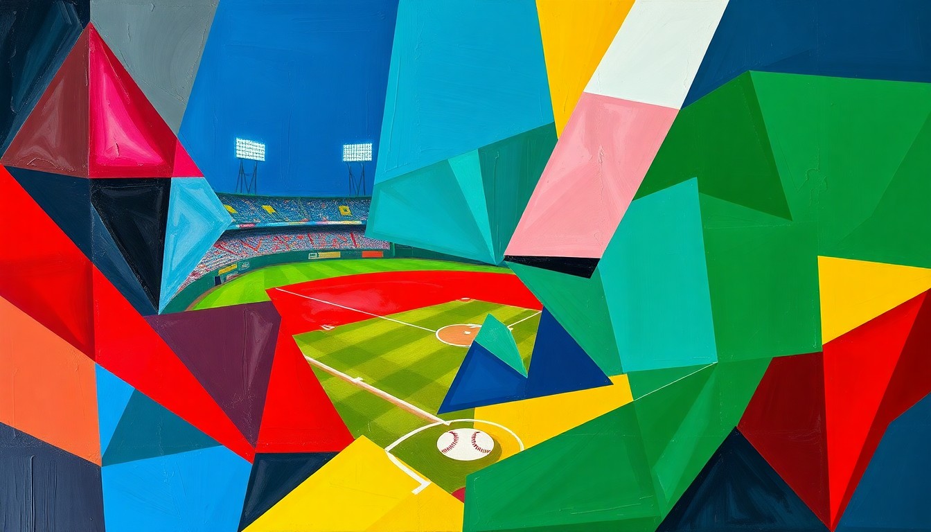 A cubist, geometric painting depicting the dynamic action of a baseball or softball game, with overlapping shapes and planes in navy, green, and red conveying the energy and intensity of the competition.
