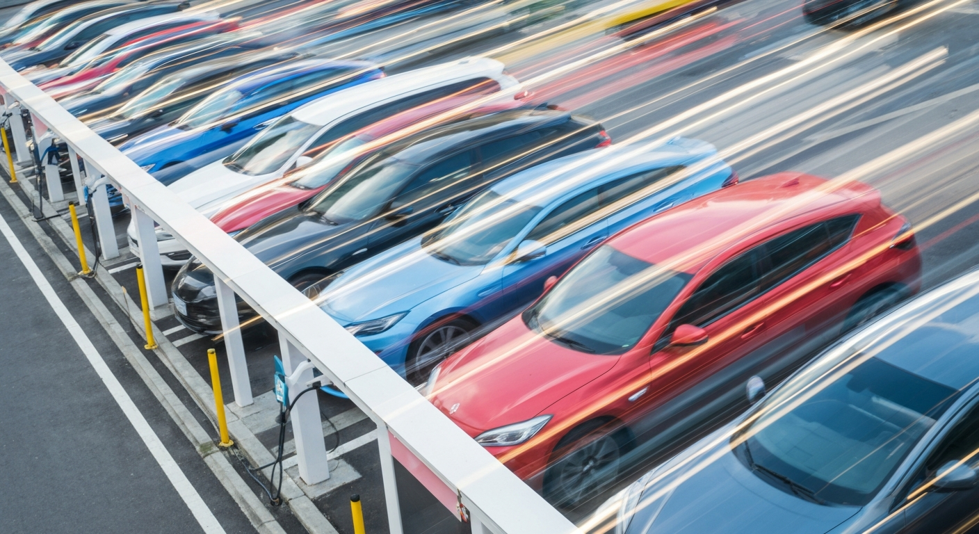 An abstract, colorful image with sweeping, blurred lines representing multiple electric vehicles charging simultaneously at a multi-port station, conveying the motion and energy of the innovative charging technology.