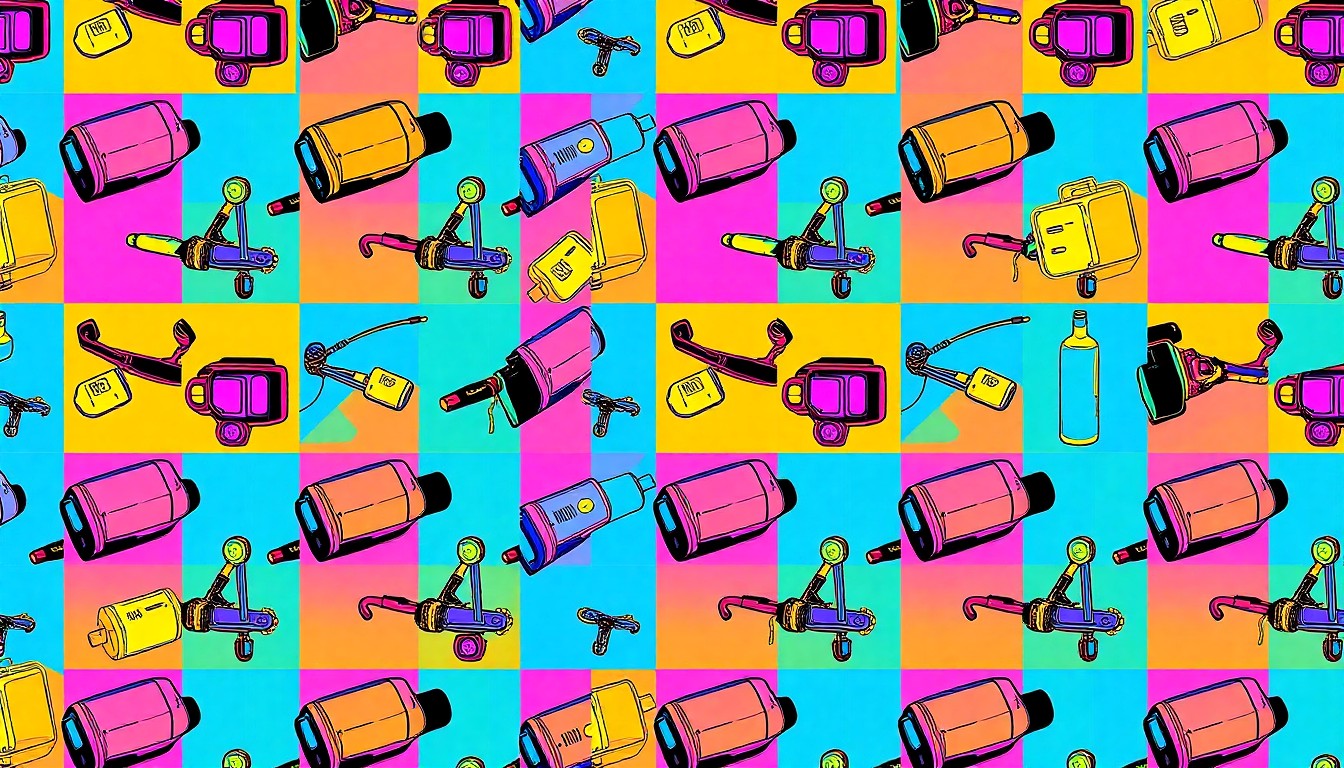 A brightly colored, high-contrast silkscreen print of a biomedical engineering tool or device such as a biosensor or prosthetic limb, repeated in a tight grid pattern, conceptually representing the innovative possibilities of the field when freed from overly restrictive academic structures.