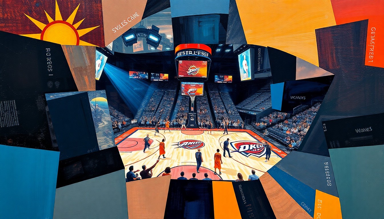 A cubist, geometric painting depicting a basketball game between the Phoenix Suns and Oklahoma City Thunder, with the players and court broken down into sharp, overlapping shapes and planes of color.