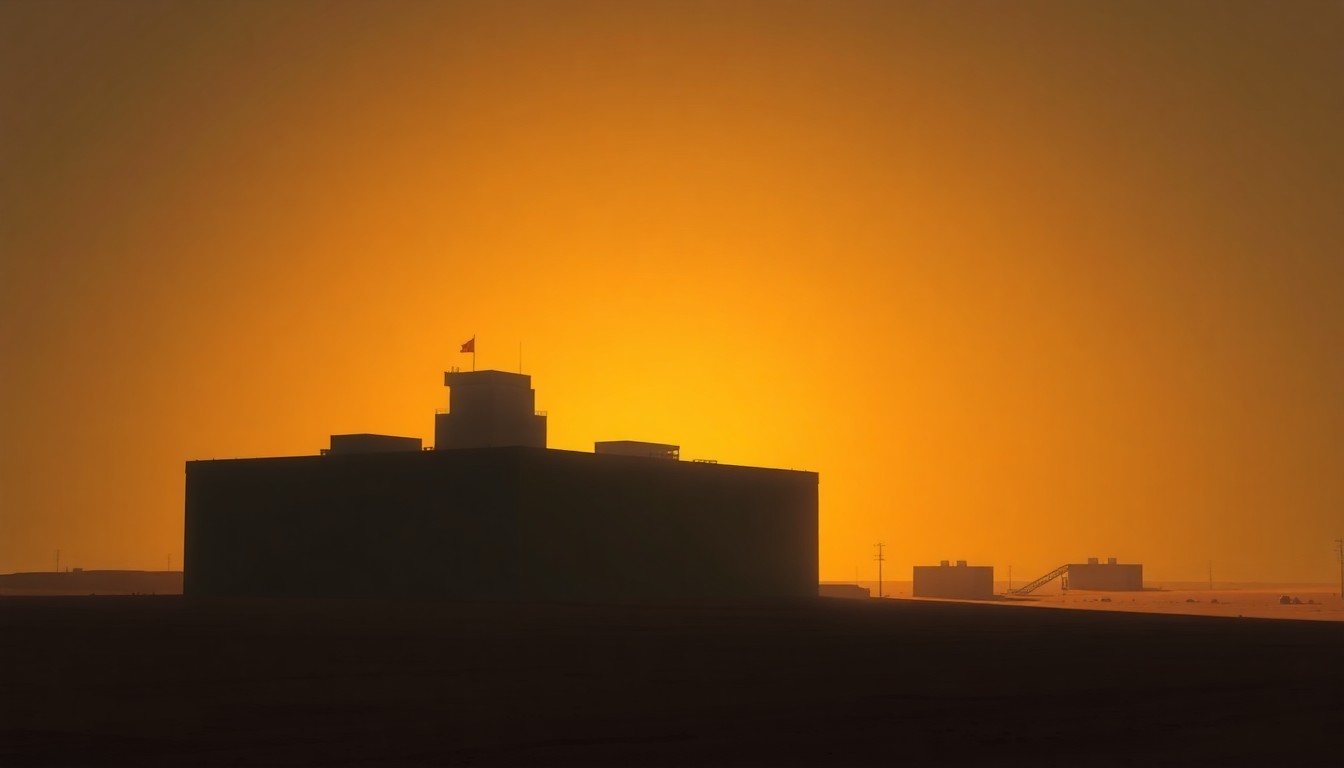 A serene, photorealistic painting of a Libyan government building or oil refinery, with warm sunlight casting long shadows across the structure, conveying a sense of quiet contemplation and the gradual progress toward stability in the country.