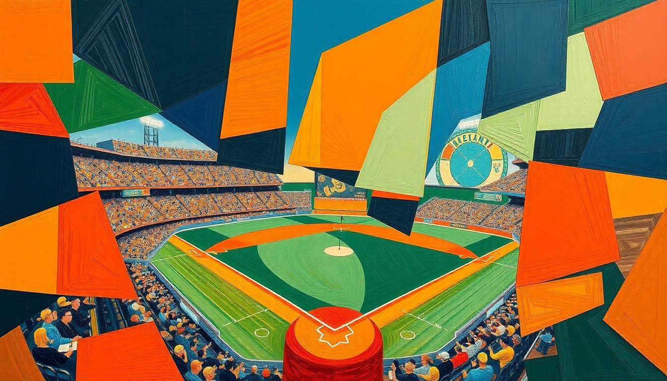 A cubist-style painting depicting a baseball game broken down into abstract geometric shapes and planes of bright orange, navy blue, and forest green, conveying the dynamic action and shifting momentum of the contest.