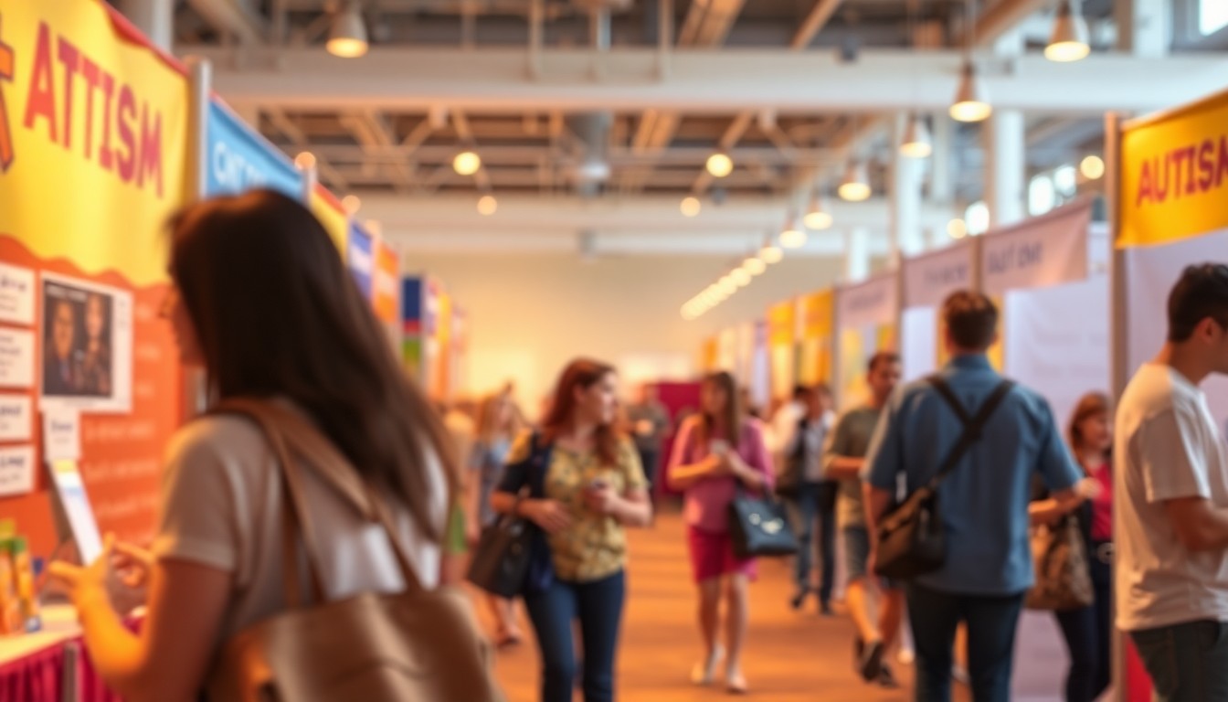 An abstract, impressionistic scene of blurred shapes and colors representing an autism resource fair, conveying a sense of warmth, community, and inclusivity.