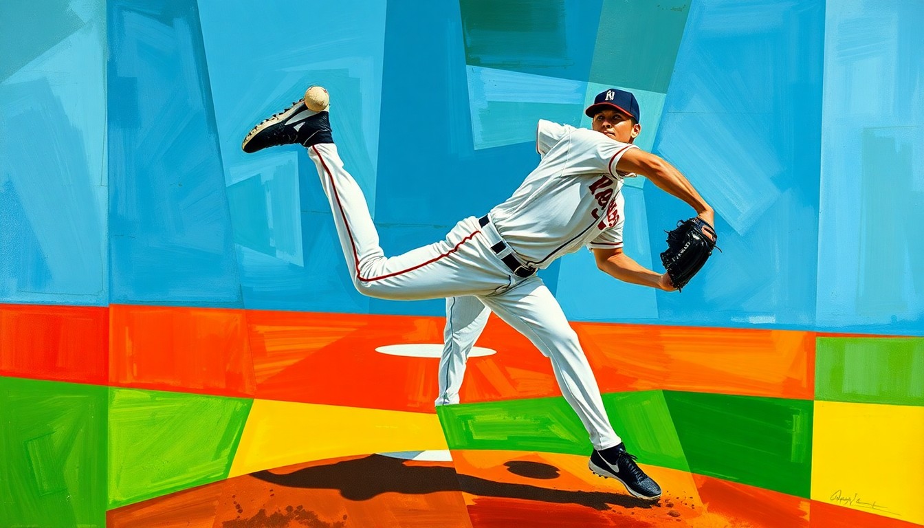 A fragmented, geometric painting depicting a baseball pitcher's motion broken down into overlapping angular shapes and planes, conveying the conceptual challenges of veteran relief pitching.