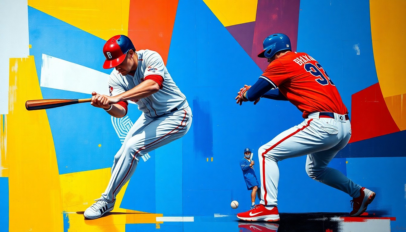 A cubist-style painting depicting a baseball player, likely Brayan Rocchio, in various batting and fielding poses, broken down into overlapping geometric shapes and planes in a vibrant color palette.