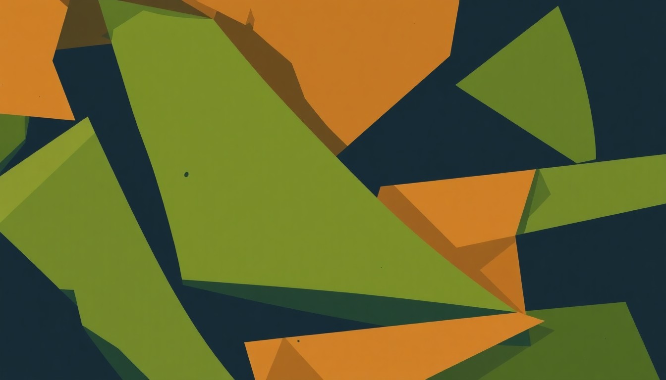 An abstract composition of overlapping geometric shapes in shades of green, brown, and blue, creating a conceptual representation of the natural world without any literal imagery.