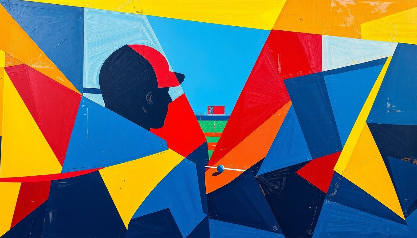 A fragmented, geometric painting in bold colors depicts the dynamic action of a softball game from multiple perspectives, conveying the competitive energy of the matchup.
