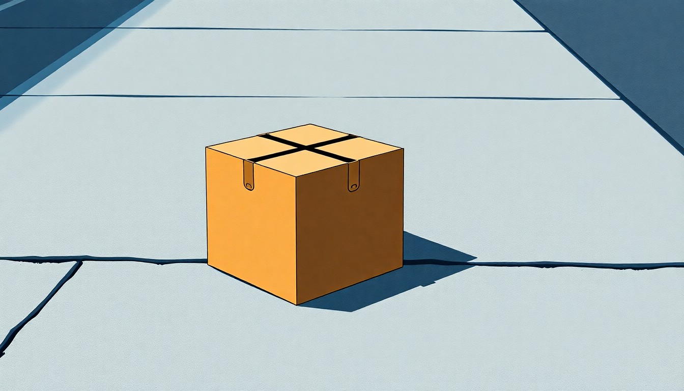 A quiet, cinematic painting of a solitary cardboard box sitting alone on a concrete sidewalk, partially obscured by shadows with a faint hint of sunlight filtering through, conceptually representing the fragility and vulnerability of the electoral process.