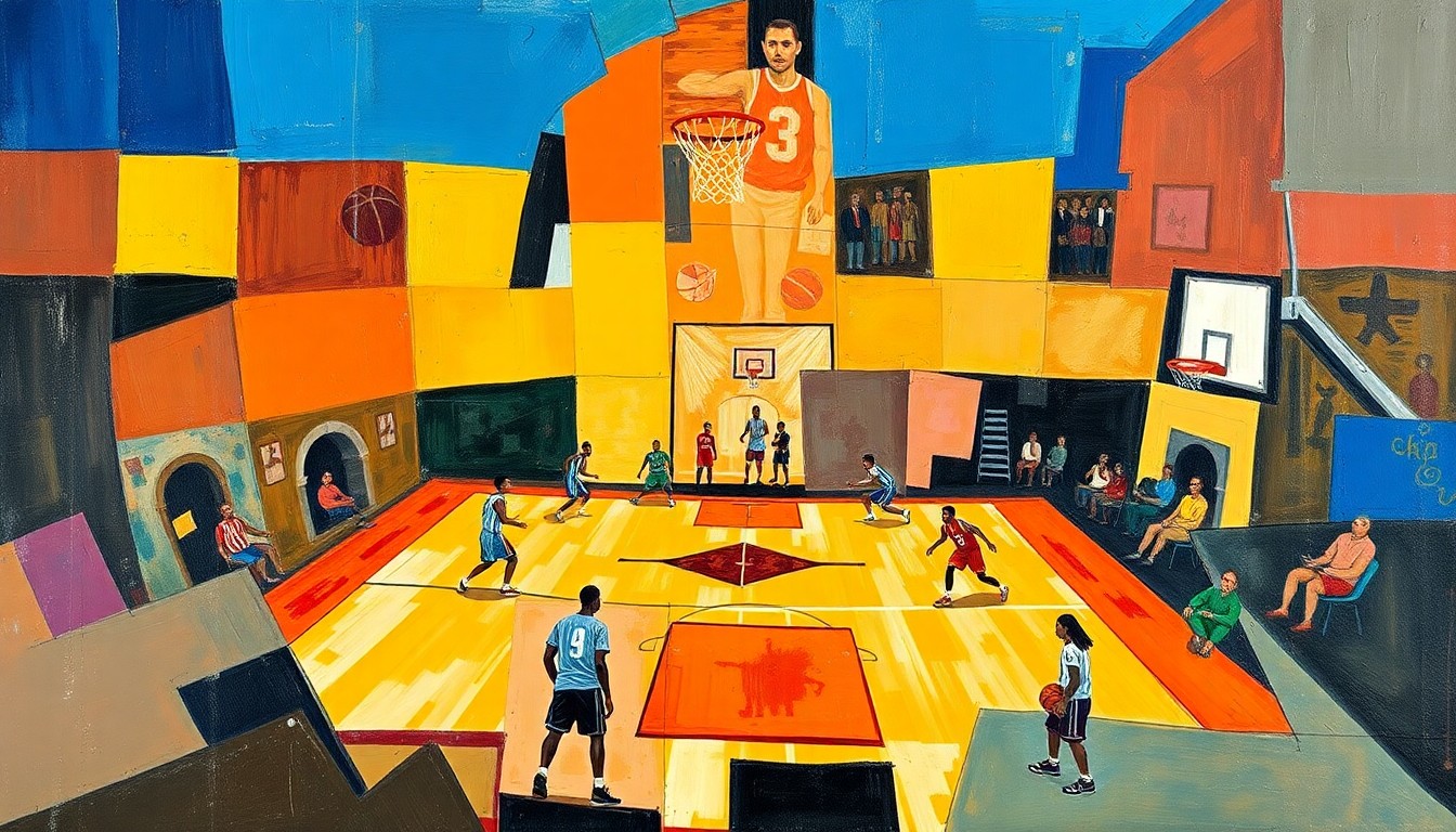 A cubist, geometric painting depicting fragmented basketball players and court elements, conveying the disjointed nature of the Hawks' offense in the second half against the Knicks' defense.