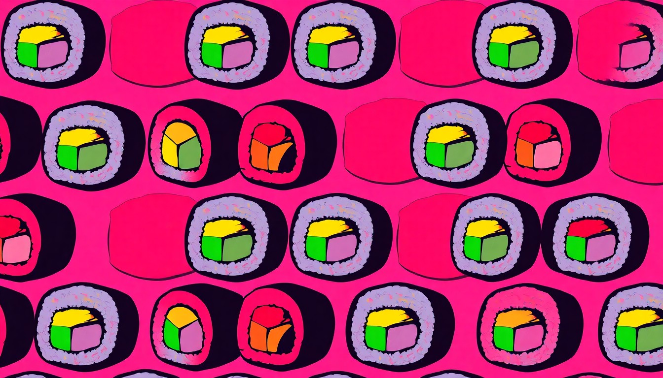 A brightly colored, high-contrast silkscreen print of a single, iconic sushi roll repeated in a tight grid pattern, conceptually representing the variety and creativity of the sushi offerings at Sake2Me Sushi.