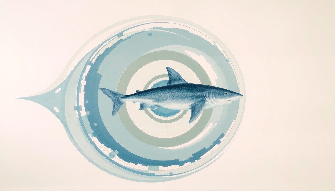 A highly textured, abstract painting in soft blues, greens, and grays, featuring sweeping geometric shapes and precise botanical spirals, conceptually representing the complex oceanic forces and predatory behaviors that led to a hammerhead shark washing ashore.