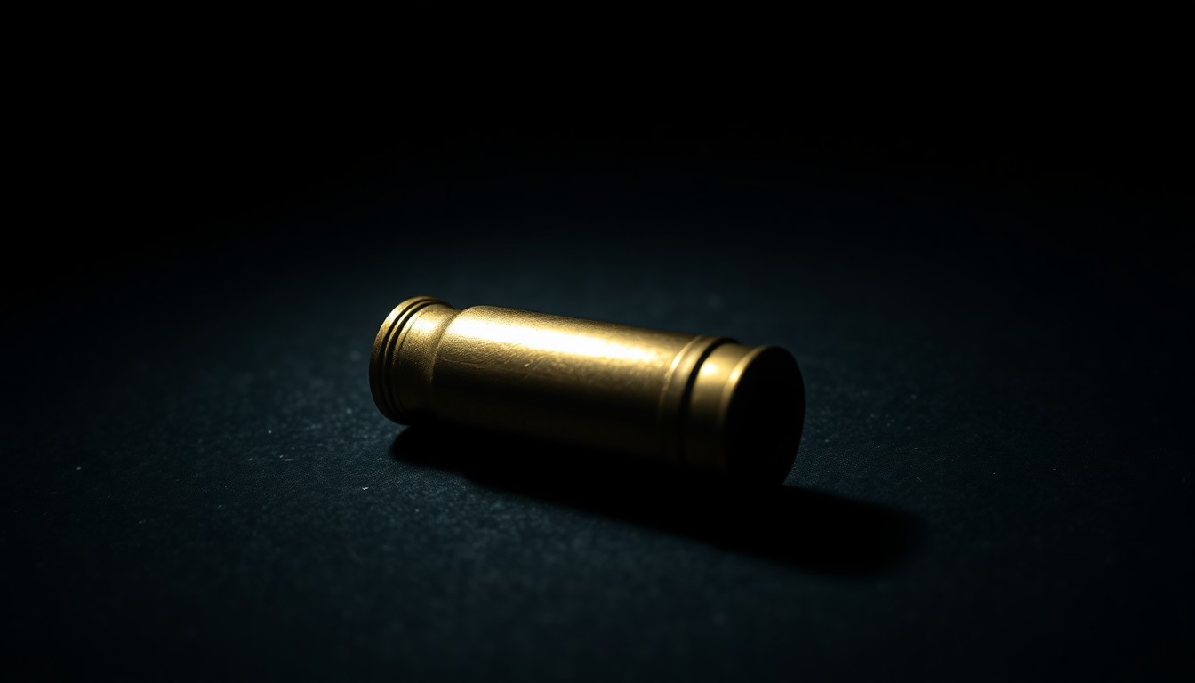 An extreme close-up photograph of a single spent shell casing on a dark surface, lit by a harsh, direct camera flash, conceptually representing the evidence and investigation of a violent crime.