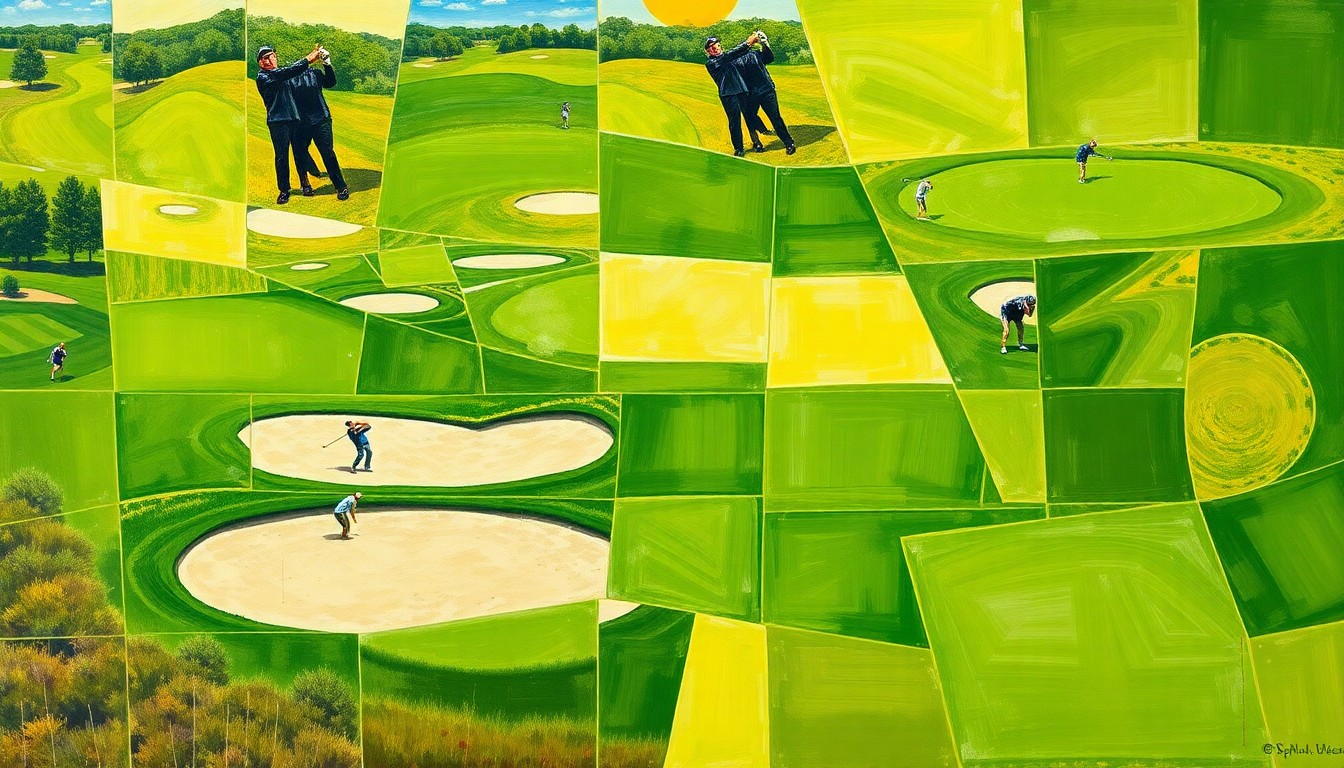 A fragmented, geometric painting in the style of Pablo Picasso, depicting the Senior PGA Championship golf tournament through a series of overlapping planes and shapes in shades of green, brown, and blue, conveying the excitement and unpredictability of the event.