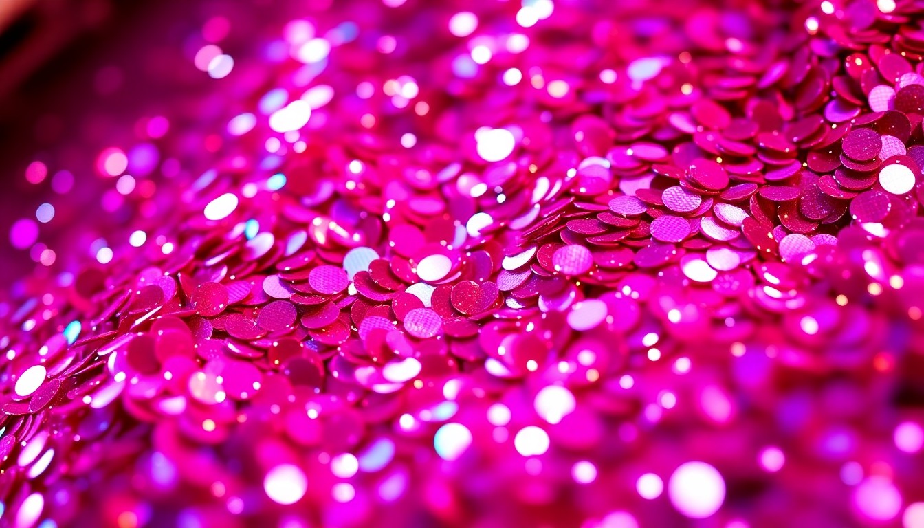 An abstract close-up photograph of shimmering pink and purple sequins, capturing the luxurious, high-fashion aesthetic of a major music festival performance.