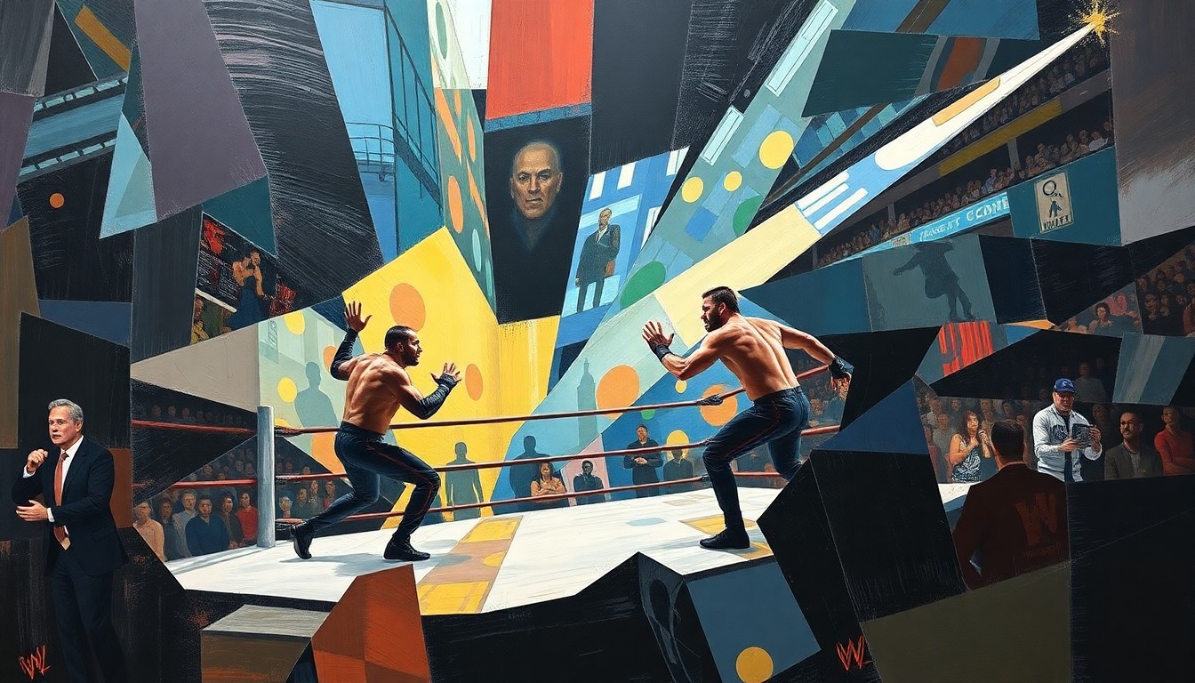 A fragmented, geometric painting in the style of Pablo Picasso, depicting the intense physicality and competitive spirit of a WWE wrestling match through sharp, overlapping shapes and planes of color.