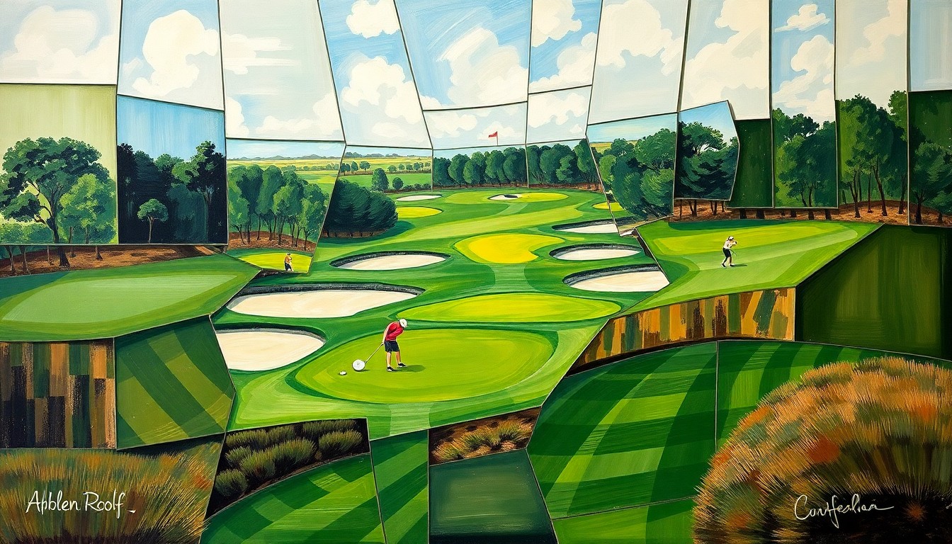 A cubist, geometric painting depicting a women's golf tournament, with overlapping planes of green fairways, sand traps, and golfers in motion, conveying the dynamic energy of the competition.