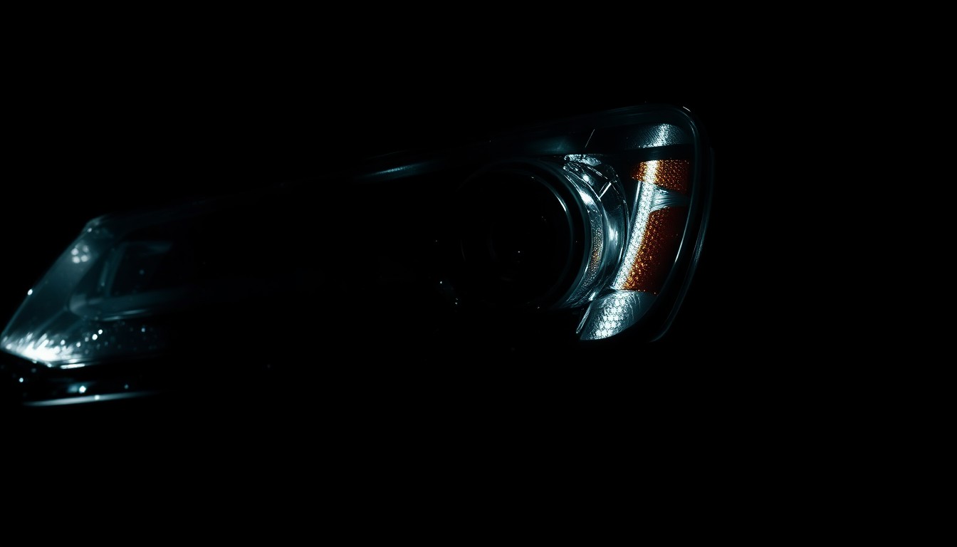 An extreme close-up photograph of a damaged car part, such as a broken headlight or crumpled fender, lit by a harsh, direct camera flash against a pitch-black background, conceptually illustrating the gritty aftermath of a fatal high-speed crash.