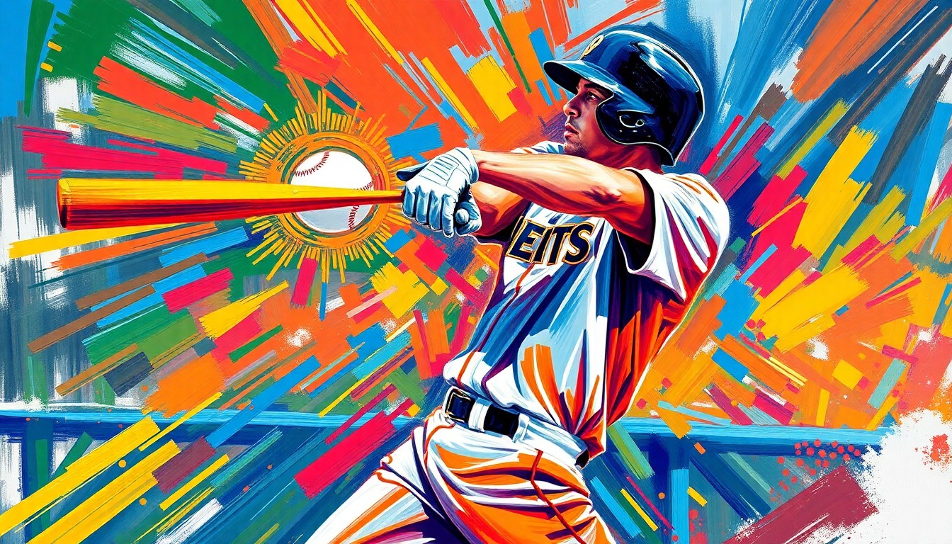 An abstract, energetic painting featuring bold brushstrokes of neon colors capturing the motion and power of a baseball player's home run swing.