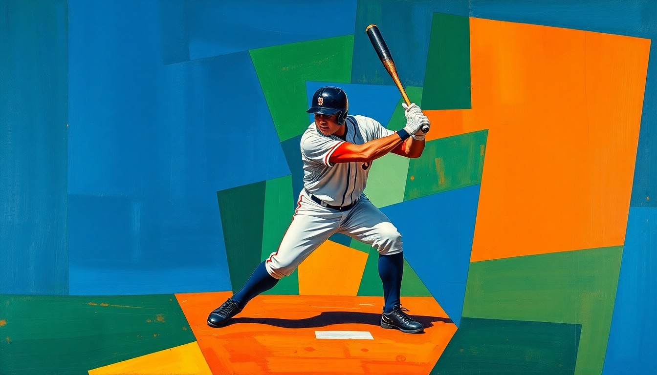 A cubist-style painting depicting a baseball catcher in mid-crouch, broken down into sharp, overlapping geometric shapes in a palette of royal blue, forest green, and deep orange, conveying the fractured nature of the Royals' catching situation.