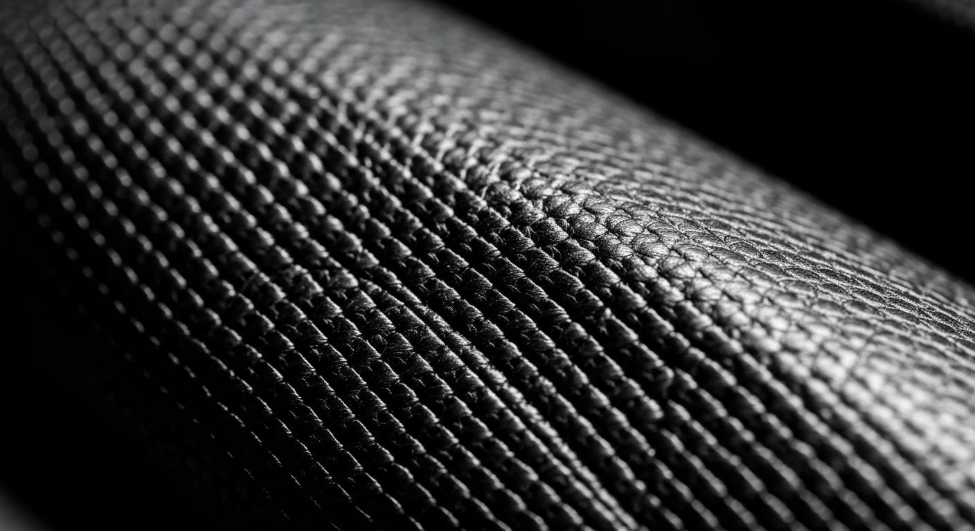 An extreme close-up photograph showcasing the detailed, pebbled texture of an automotive material, such as leather or mesh, captured in dramatic lighting to highlight the craftsmanship and engineering behind the scenes of the automotive industry.