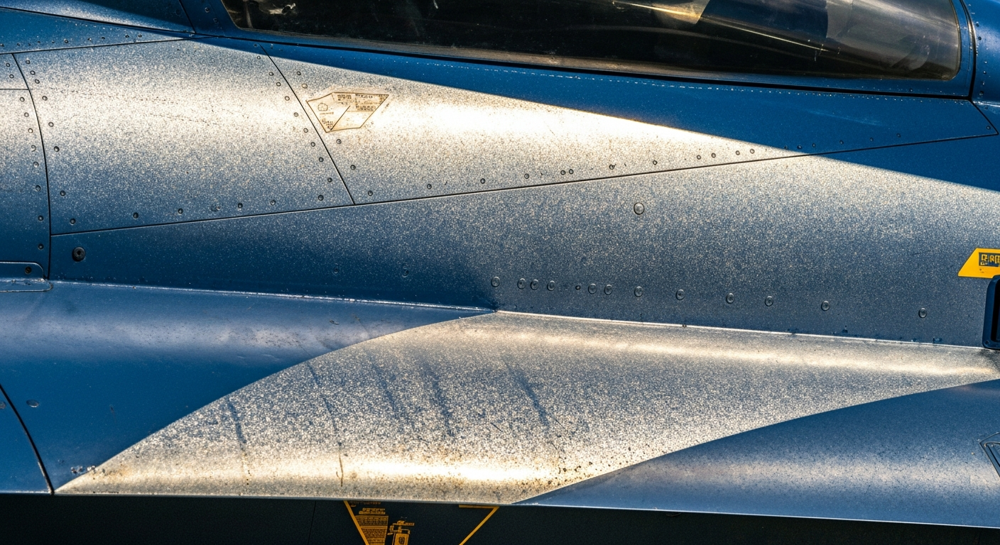 An extreme close-up of the shiny, metallic surface of the Blue Angels F/A-18 Hornet jet, showcasing the intricate details and vibrant colors of the aircraft's freshly refurbished paint job.