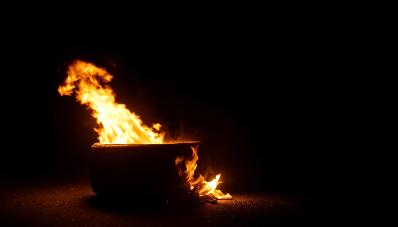 An extreme close-up photograph of a burning tire on the street, capturing the stark, gritty aftermath of a chaotic car takeover event that disrupted a Queens neighborhood.