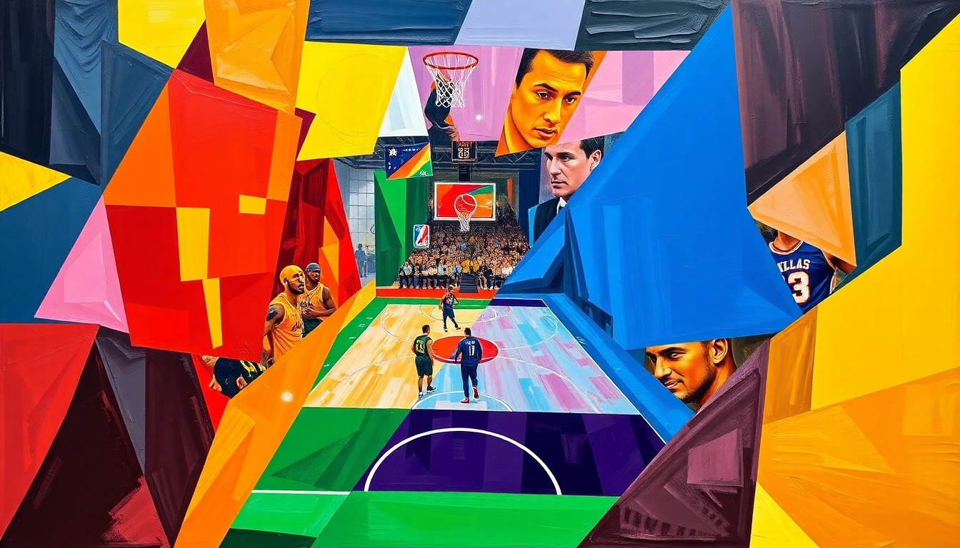 A cubist, geometric painting featuring overlapping planes of purple, gold, and red, conceptually representing the disruption caused by an unauthorized individual on the Lakers' bench.