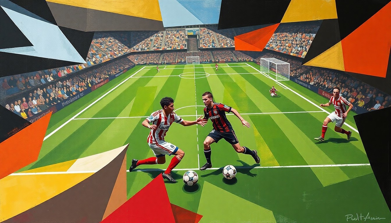 A fractured, multi-perspective painting in a cubist style, with the players' forms abstracted into angular shapes and the ball and field lines creating a dynamic, kinetic composition.