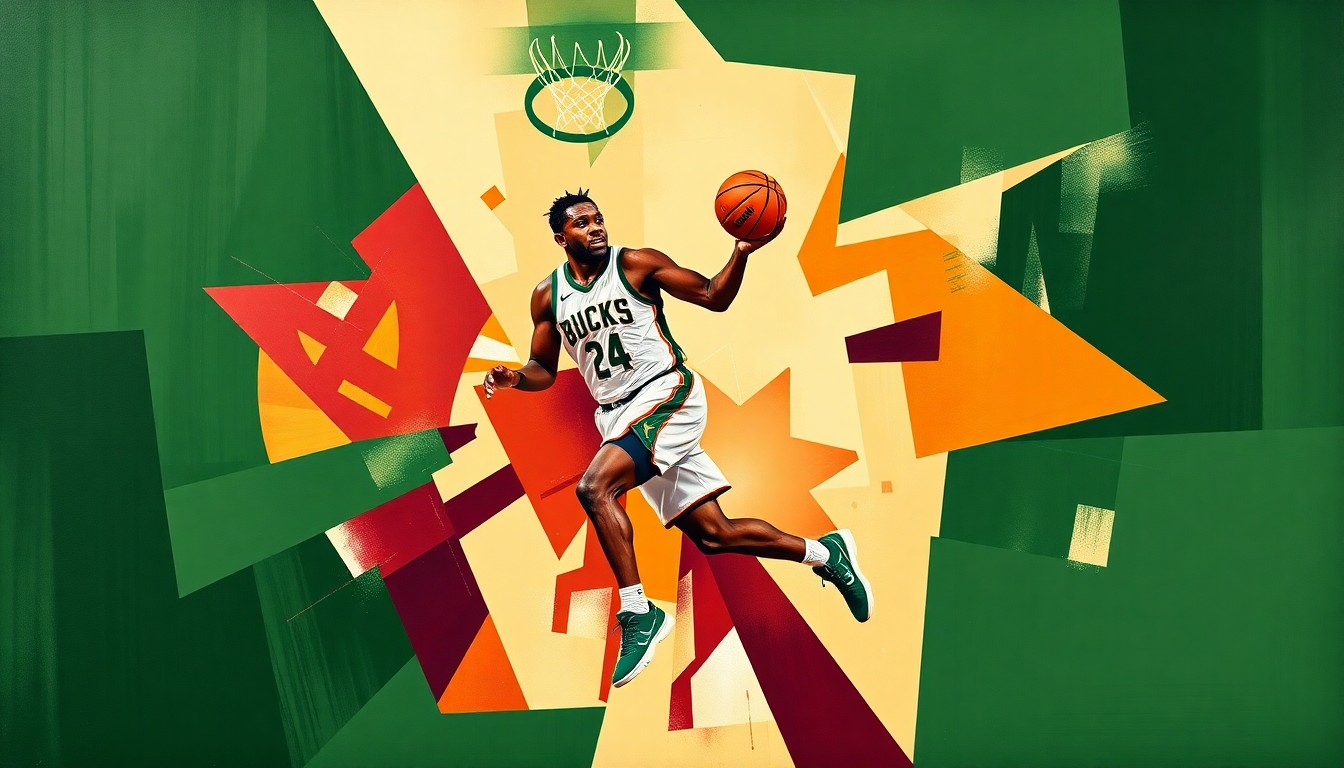 A cubist, geometric painting depicting Giannis Antetokounmpo in motion on a basketball court, with the Bucks' team colors of green, cream, and burgundy fractured into sharp, overlapping planes.