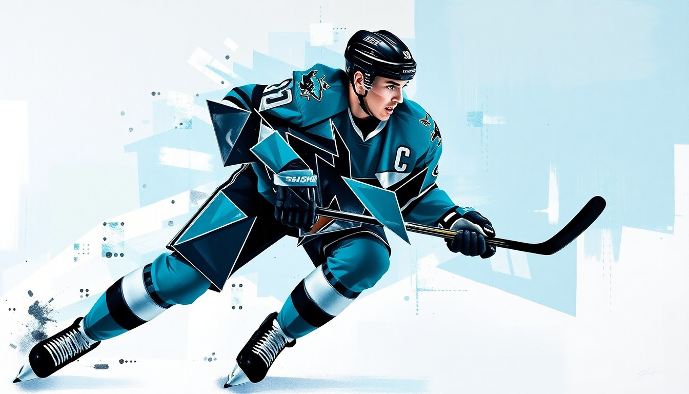 A cubist, geometric painting depicting a hockey player in motion, with sharp, overlapping planes of teal, black, and silver representing the San Jose Sharks.