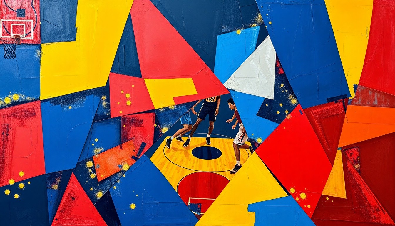 A cubist-style painting featuring fragmented, geometric shapes in shades of blue, red, and yellow, representing the action and energy of a basketball game.