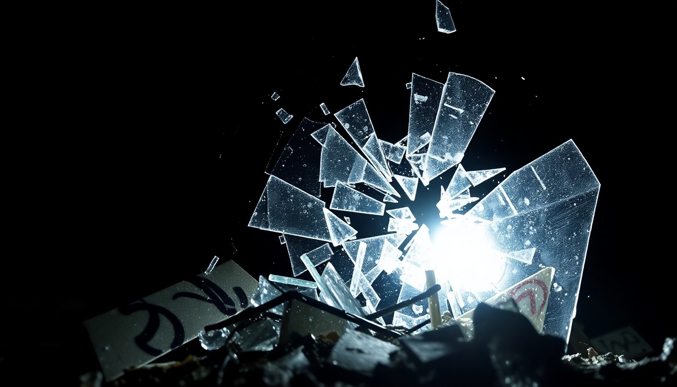 An extreme close-up photograph of shattered glass and graffiti-covered debris, conceptually illustrating the vandalism of a community museum.