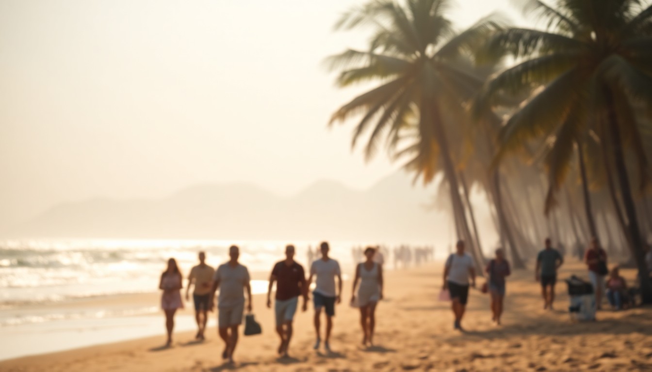 An abstracted, out-of-focus photograph of people walking on a beach, with the ocean and palm trees visible in the background, all bathed in a warm, hazy light that creates a dreamlike, atmospheric quality.