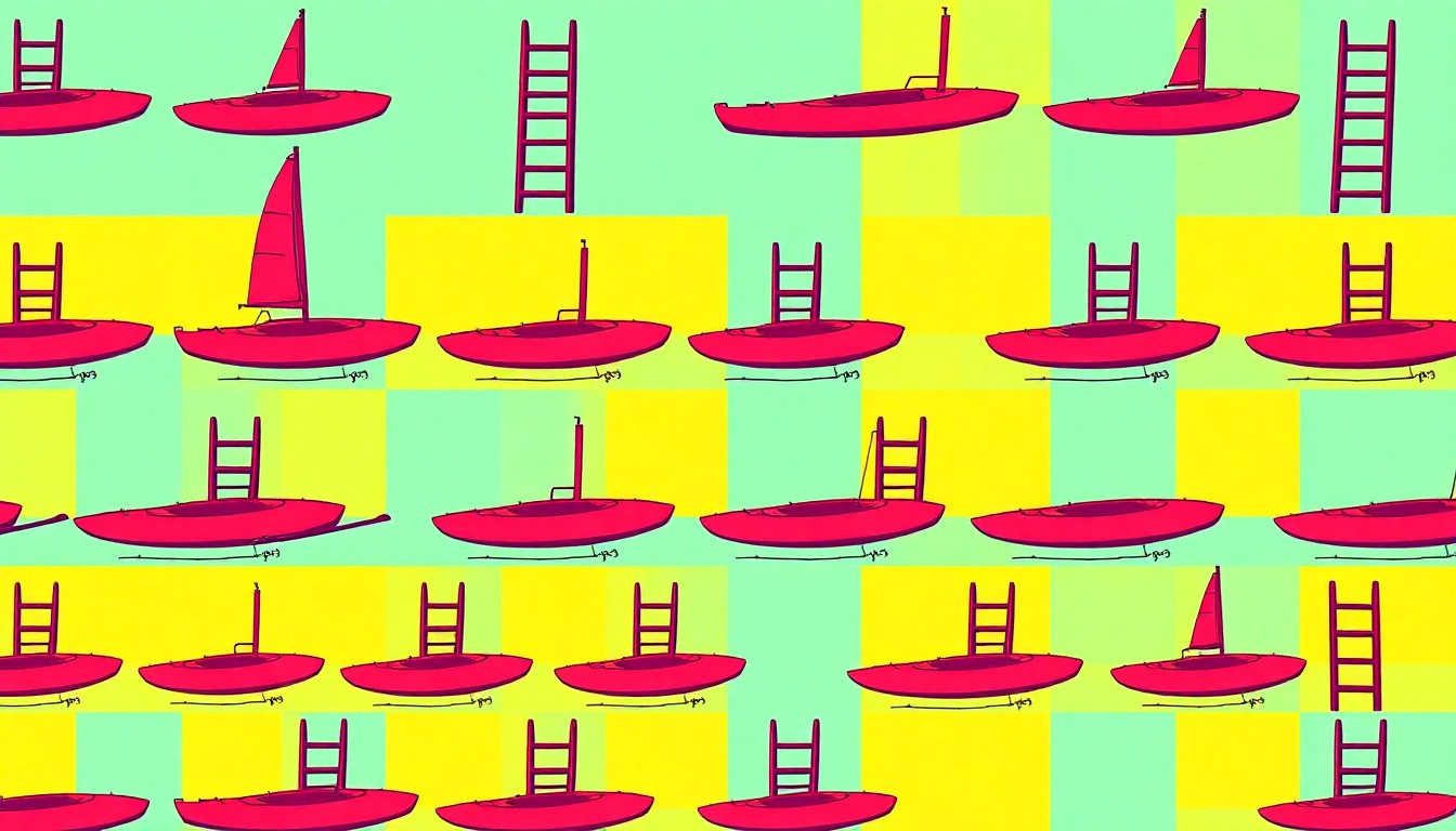 A high-contrast, silkscreen-style grid of a single, recognizable coastal object like a sailboat or dock ladder, rendered in a palette of bold, unnatural neon colors that transform the everyday into modern pop art.