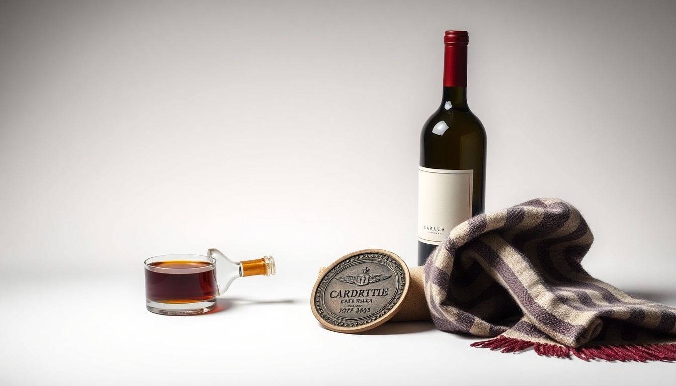 A photorealistic studio still life featuring a glass wine bottle, a rolled woolen textile, and a vintage brass plaque or emblem, all arranged elegantly on a clean, monochromatic background to symbolize the timeless craftsmanship and enduring legacy of iconic American brands.
