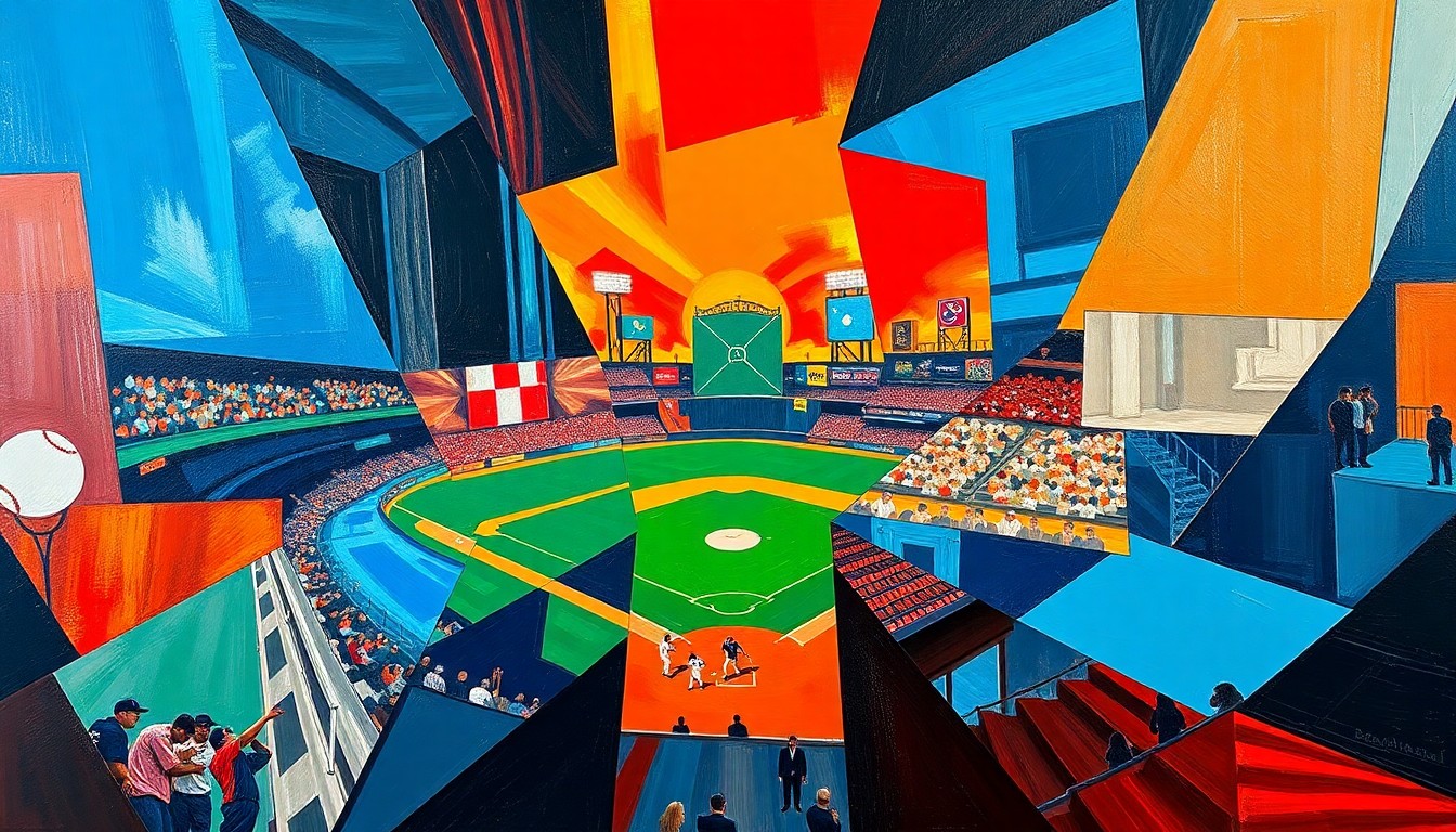 A cubist, geometric painting depicting a baseball game, with overlapping planes of color and shape representing the dynamic action on the field.