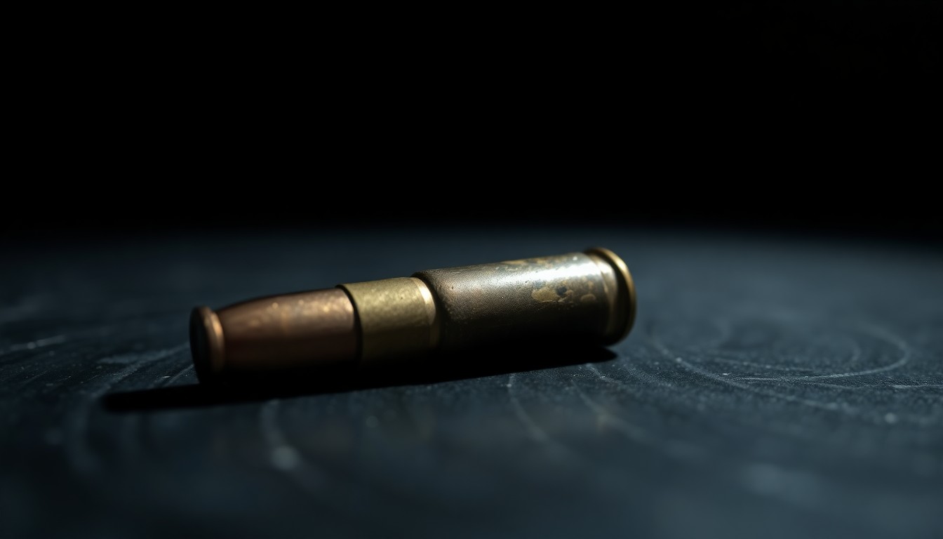 An extreme close-up of a spent bullet casing reflecting a bright flash of light, conceptually illustrating the aftermath of a shooting incident.