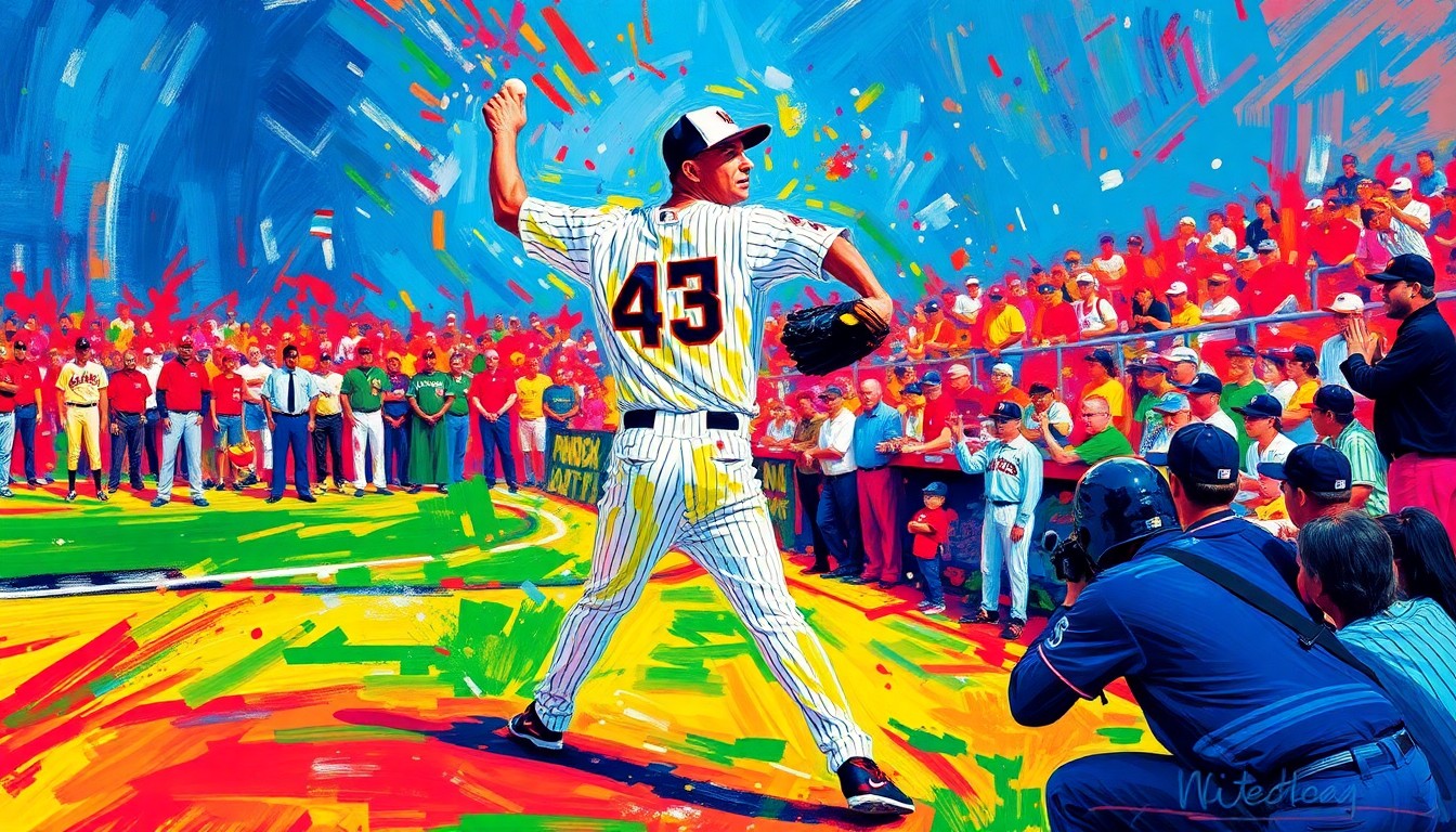 An extreme close-up of Mariano Rivera's pitching motion, captured in a vibrant, expressionist style with rapid brushstrokes and neon colors, conceptually representing the excitement and energy he brought to the Stamford Little League's Opening Day ceremony.