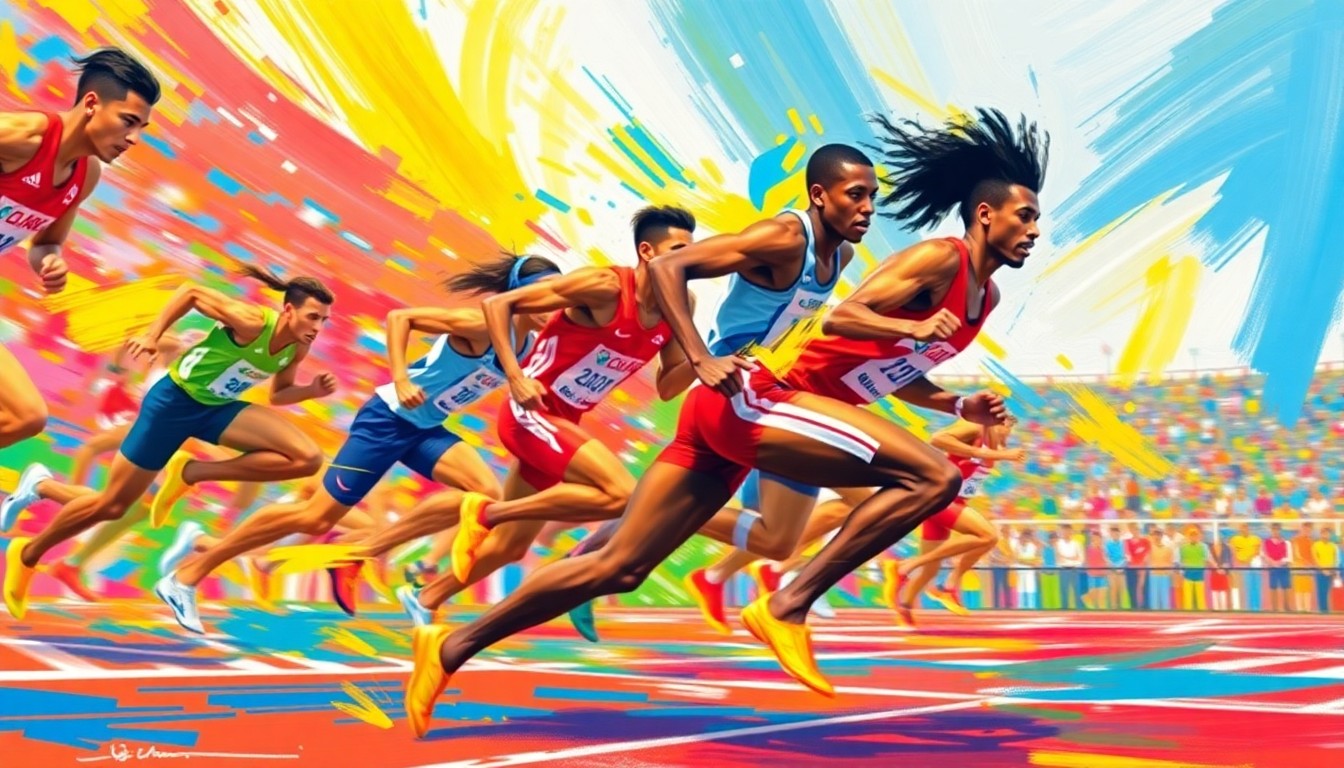An abstract painting featuring bold, neon-colored brushstrokes and shapes that evoke the dynamic movement and energy of a college track and field competition, without any recognizable figures or text.