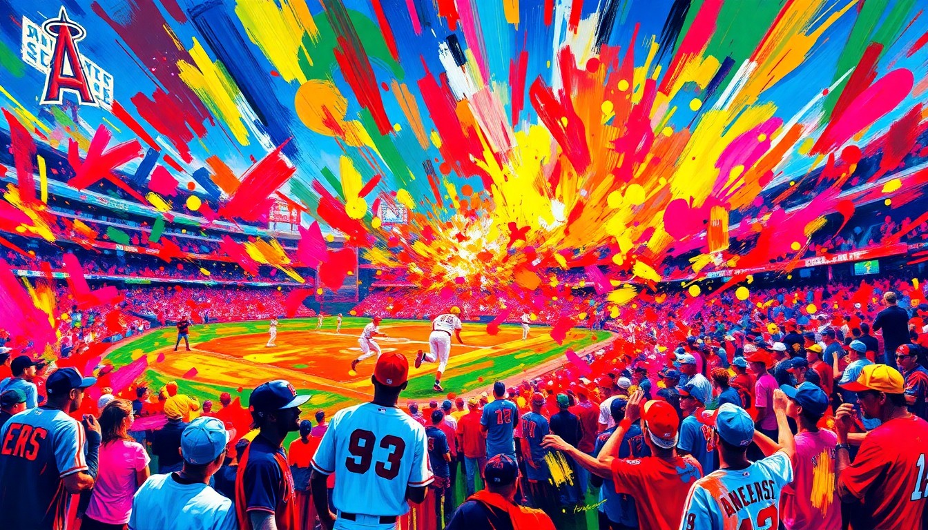 An abstract, expressionist painting in neon colors, with rapid brushstrokes and dissolving forms representing the raw emotion and energy of a baseball game, as the Angels community mourns the loss of their beloved franchise icon Garret Anderson.
