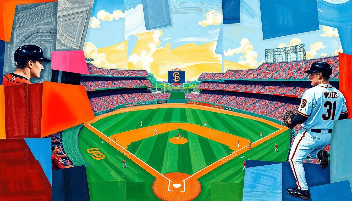 A fractured, geometric painting in vibrant colors representing a baseball game, with overlapping shapes and planes that deconstruct the action on the field.