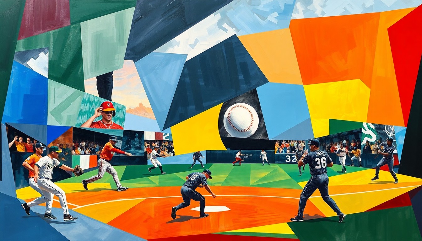 A fragmented, geometric painting in the style of Pablo Picasso, depicting the final plays of a baseball game through overlapping planes of color and abstracted shapes, without any identifiable players or teams.