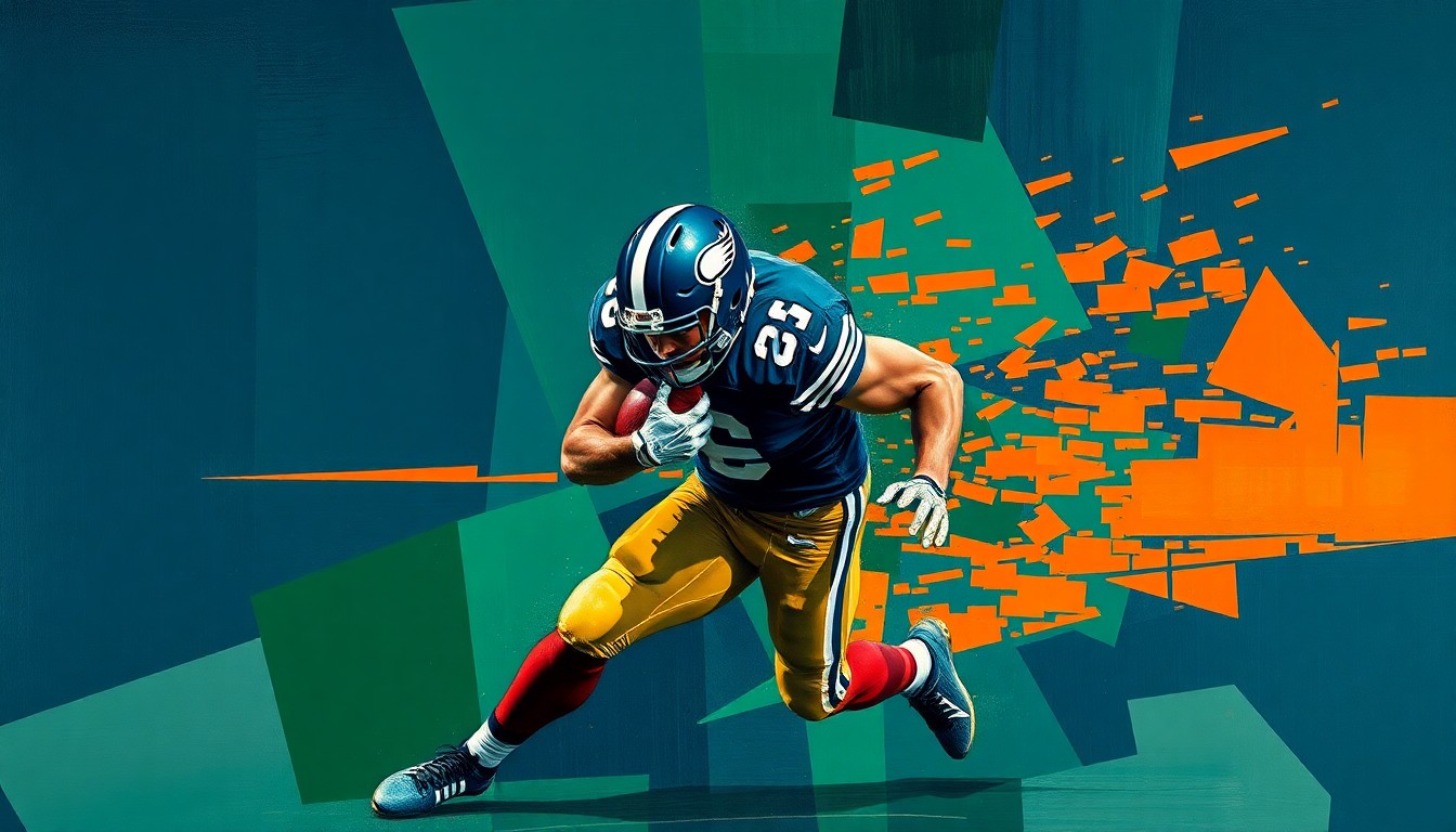 A cubist, geometric painting depicting a powerful defensive tackle making a tackle, with sharp, overlapping planes of navy blue, forest green, and burnt orange conveying the raw energy and physicality of the play.