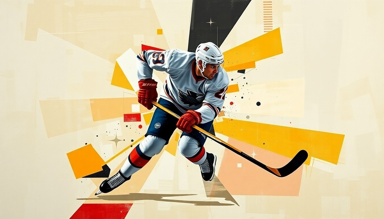 A cubist-style painting depicting a hockey player in motion, with their form broken down into sharp, overlapping geometric shapes and planes in vibrant colors, conveying the dynamic energy of the sport.