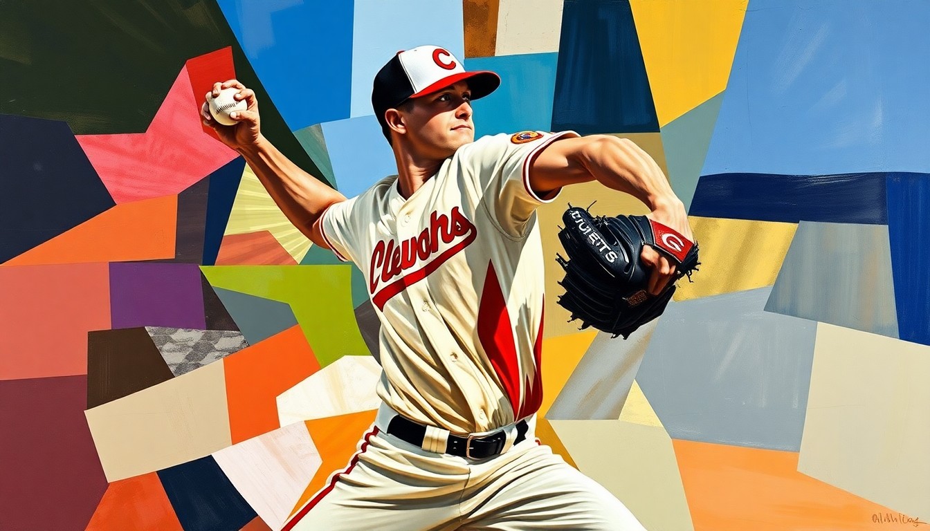 A cubist, geometric painting depicting a baseball pitcher's motion broken down into overlapping planes of color, representing the power and precision of Gavin Williams' pitching for the Cleveland Guardians.