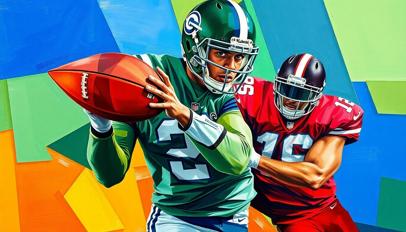 A fragmented, cubist-style painting depicting the dynamic movements of a tight end, with sharp geometric shapes and bold colors capturing the energy and intensity of the position.