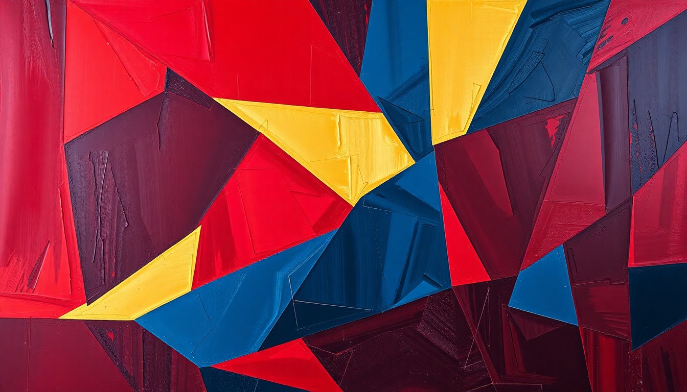 A cubist, geometric painting depicting a fragmented basketball game, with sharp planes of red, blue, and gold overlapping to create a dynamic, abstract composition.