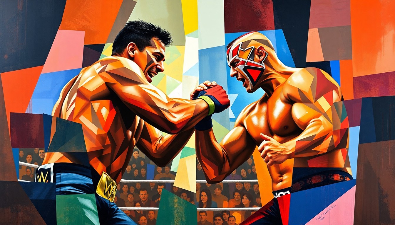 A fragmented, cubist-style painting depicting the climactic moments of the WWE Championship match between Cody Rhodes and Randy Orton, with sharp geometric shapes and planes of color representing the intense action and drama of the encounter.