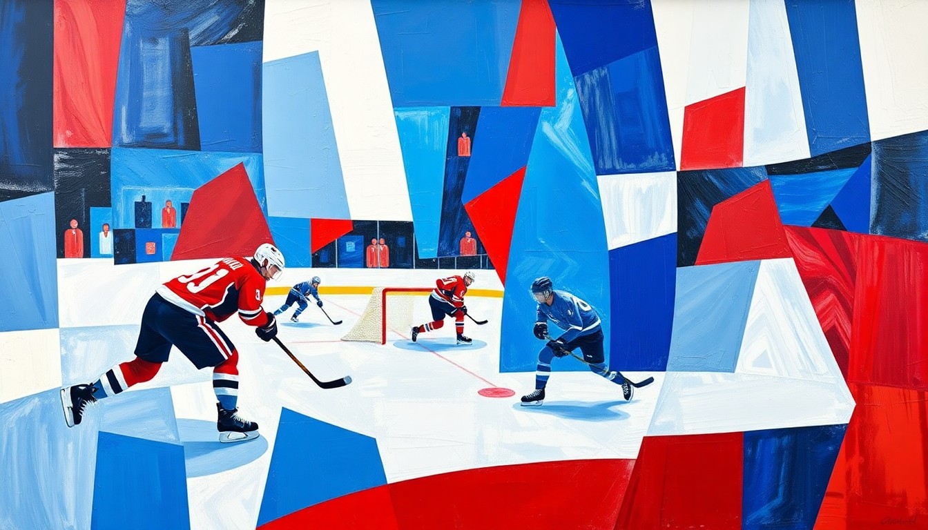 A cubist, geometric painting depicting the action of a hockey game, with players and the puck reduced to abstract shapes and planes of bright blue, red, and white.